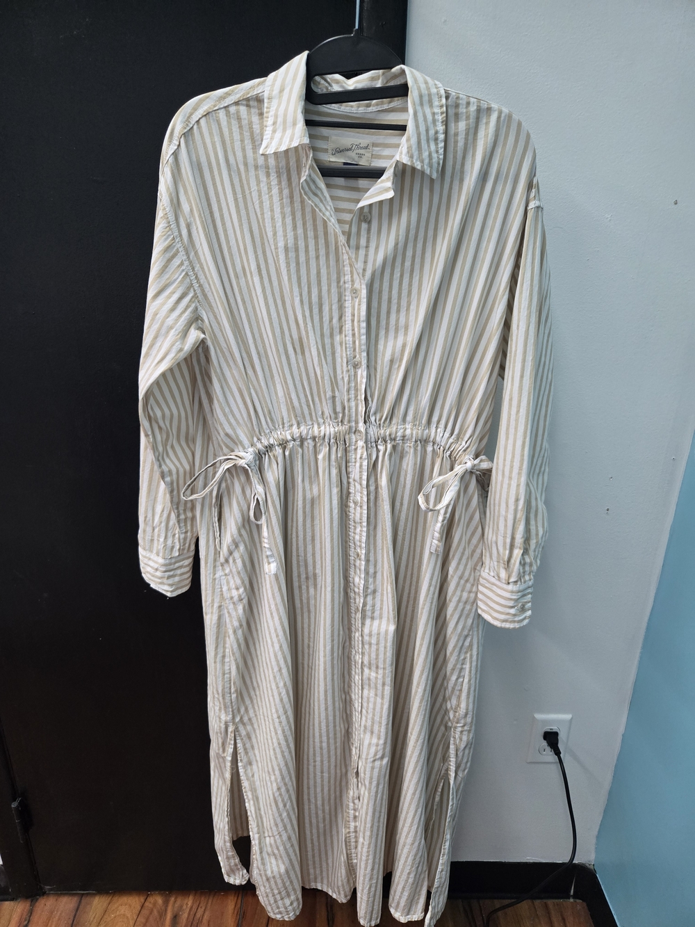 Universal Thread Beige and White Striped Drawstring Shirt Dress